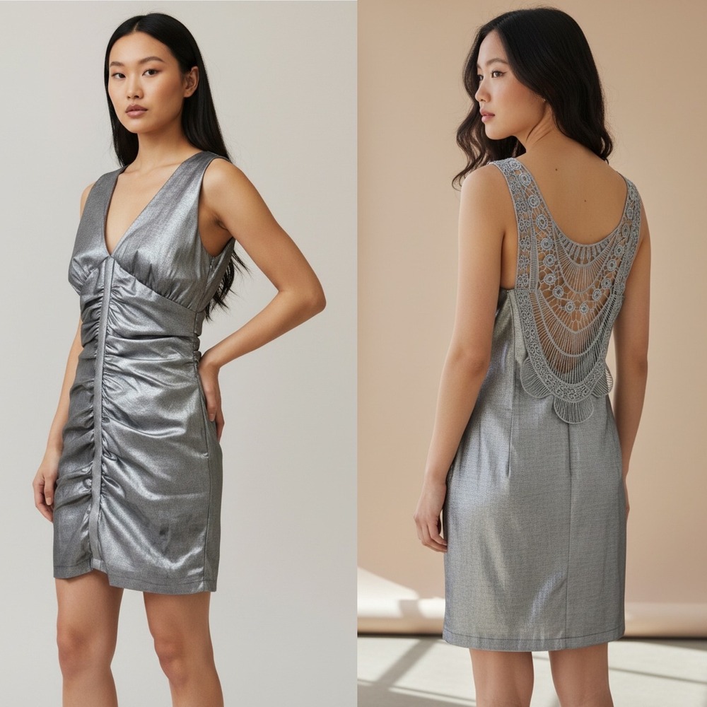 Vintage Jessica McClintock Metallic Silver Ruched Lace Open Back Mini Dress - 14